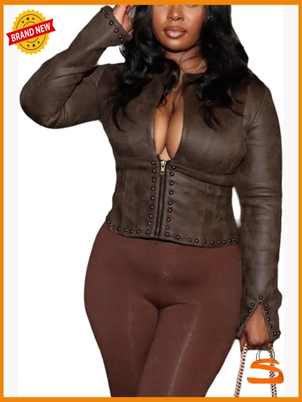 Cropped Leather Jacket Long Sleeve Studded Zip Up Bodycon
